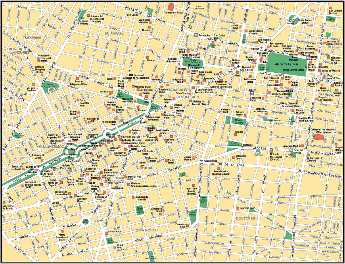 Mapa turystyczna Meksyku z atrakcjami, muzeami, zabytkami i ciekawymi miejscami