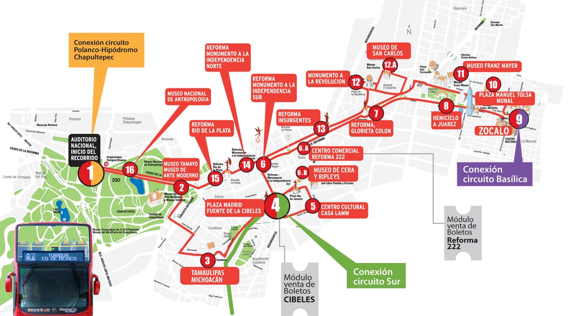 Mapa trasy autobusu hop-on hop-off Turibus po Meksyku