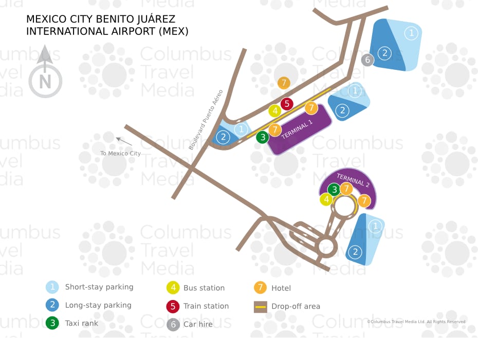 Mapa międzynarodowego lotniska Benito Juárez w Meksyku i terminalu (MEX)