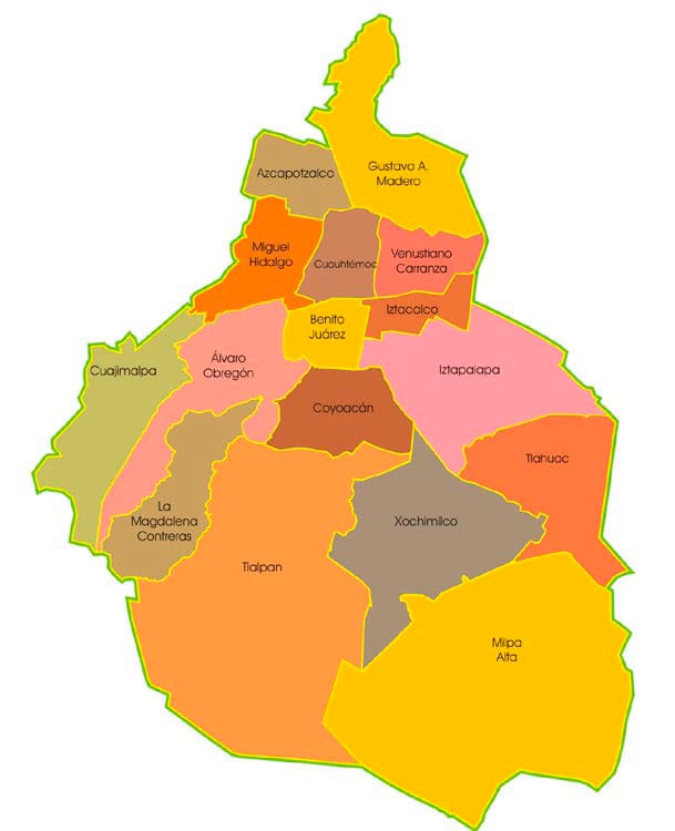 Mapa okręgów i dzielnic miasta Meksyk
