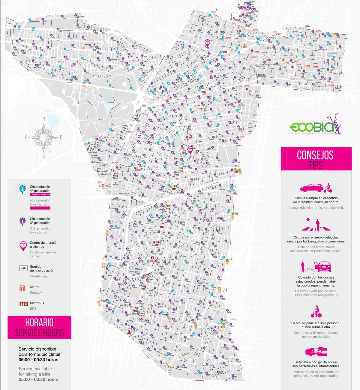 Mapa stacji Ecobici, stacji rowerowych i wypożyczalni rowerów w Meksyku